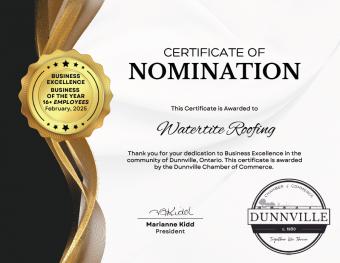 Watertite Roofing Nominated for Two Dunnville Chamber of Commerce Business Excellence Awards!